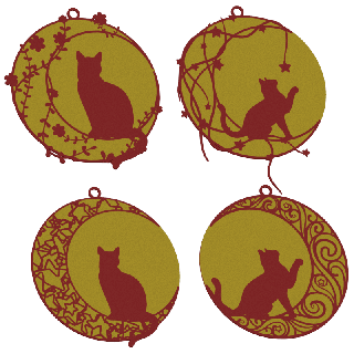 Conjunto de enfeites de Natal com gato na lua - cor dourada com padrão vermelho