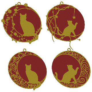 Set di palline per albero di Natale con gatto sulla luna - colore rosso con motivo dorato