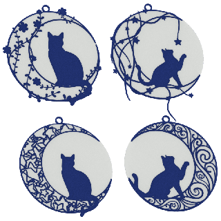 Ensemble de boules de Noël avec un chat sur la lune - couleur blanche avec un motif bleu marine