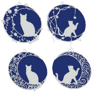Set of Christmas baubles with a cat on the moon - navy blue with a white pattern