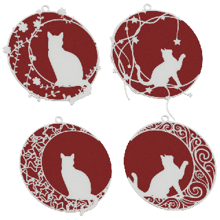 Set of Christmas ornaments with a cat on the moon - red with white pattern
