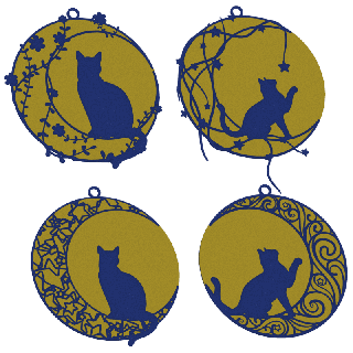 Set von Weihnachtsbaumkugeln mit Katze auf dem Mond - goldfarben mit dunkelblauem Muster