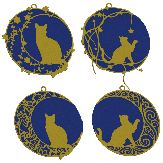 Set di palline di Natale con gatto sulla luna - colore blu scuro con motivo dorato