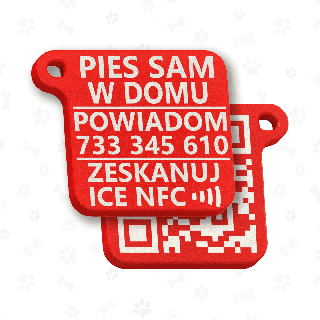 Pieni ICE-avaimenperä (puhelinnumerolla) avaimille "Koira jäi yksin kotiin" (QR-koodilla ja NFC:llä)