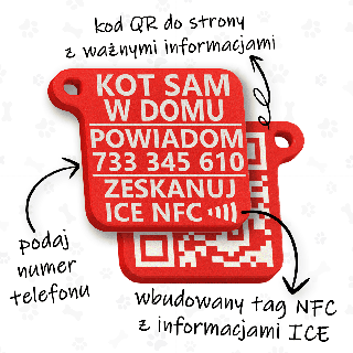 Liten nyckelring ICE (med telefonnummer) till nycklar "Katten lämnades ensam hemma" (med QR-kod och NFC)