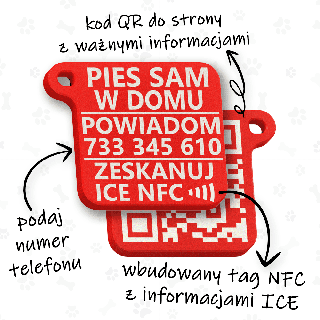 Pieni ICE-avaimenperä (puhelinnumerolla) avaimille "Koira jäi yksin kotiin" (QR-koodilla ja NFC:llä)
