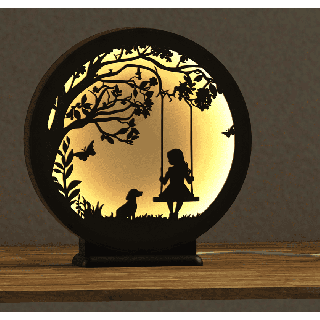 Lamp - girl on a swing and dog (warm light color)