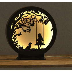 LED lamp girl on a swing with a dog | Fluo Dog